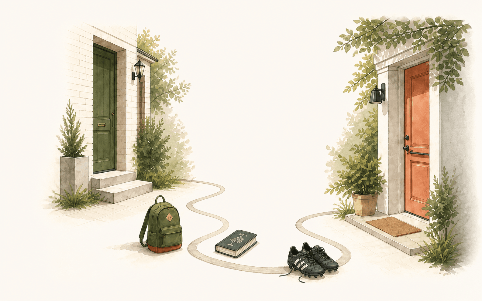 Two calm home entrances connected by a path, with a school bag, book and football boots ready for handover