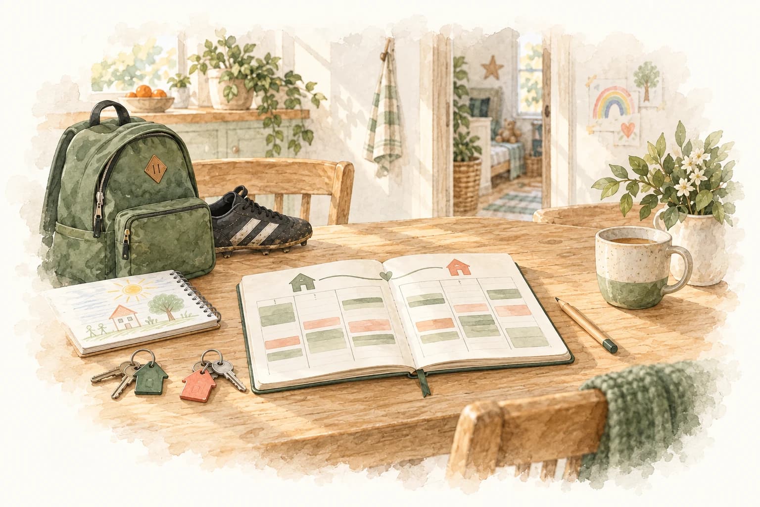 A family kitchen table with two sets of house keys, a school bag and a shared weekly plan taking shape