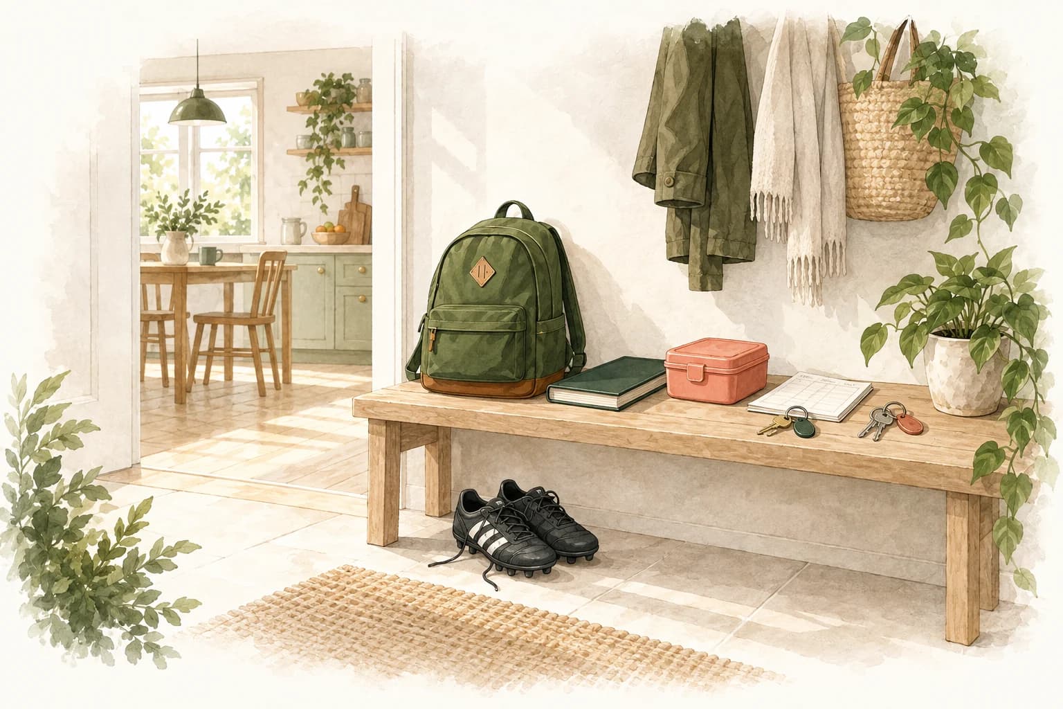 A calm family entryway with a packed school bag, football boots and the week’s essentials ready