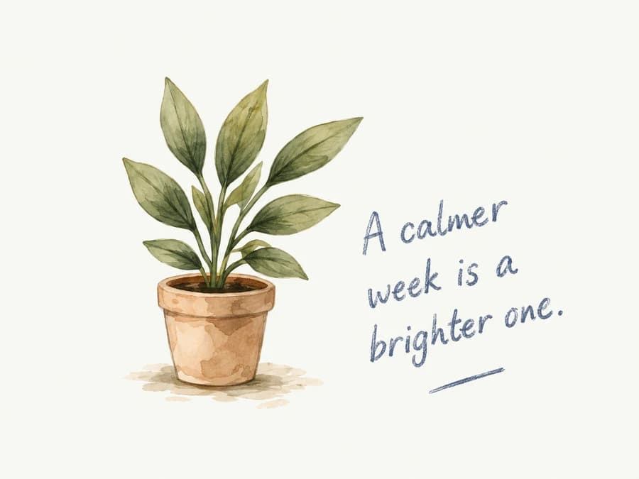 A potted plant beside the handwritten words A calmer week is a brighter one